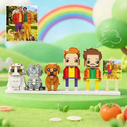 Custom Full-Body Brick Figures of 2 People, 1 Dog & 2 Cats with Frame Anniversary Gift Birthday Gift Christmas Gift for Pet Lover