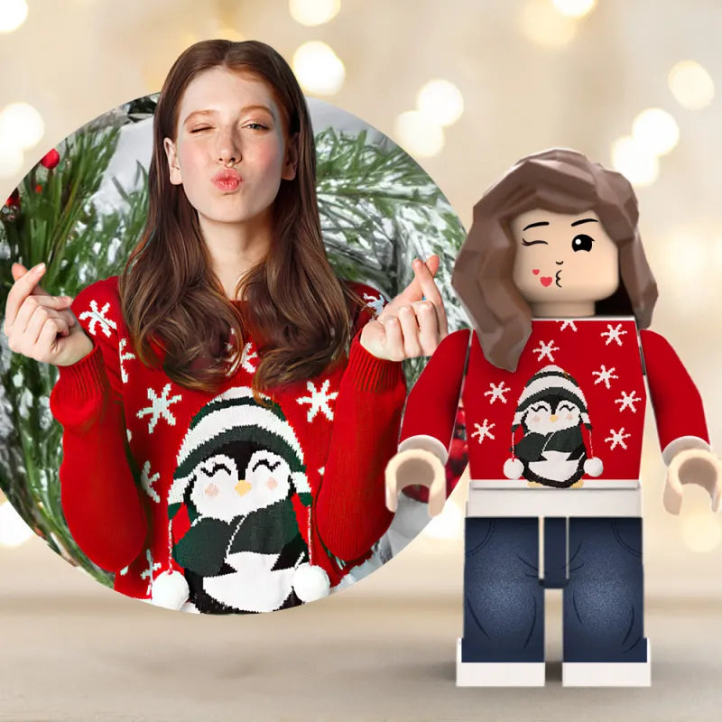 MadeMine full body custom Minifigs personalized photo miniatures, featuring detailed Lego-style figures for Christmas gifts.