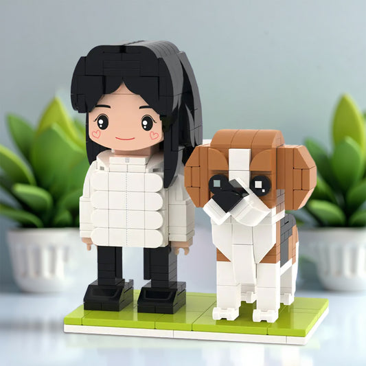 Persoonlijk gemaakt MadeMine brick figuur met hond, full body, schattige en aanpasbare gepersonaliseerde cadeaus, speels en uniek.