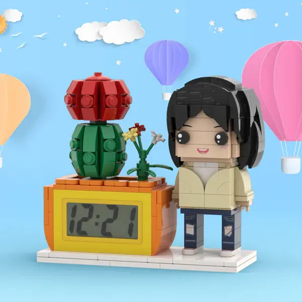 Custom Brick Figure Desk Clock with Plant – Personalized Brick Clock