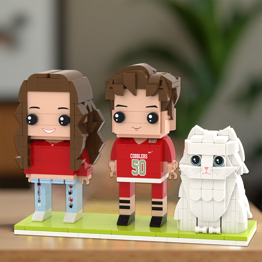 Custom MadeMine full-body brick figures of two people and a cat, showcasing detailed handcrafted brick characters.
