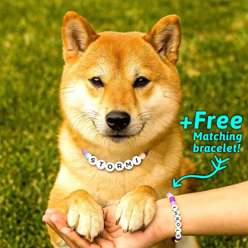 Personalized pet name necklace with matching bracelet by MadeMine, featuring custom engraved pet names on jewelry.