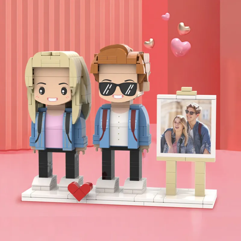 Personalized full-body brick figures of two people with a photo frame, representing cute MadeMine custom gift for special occasions.