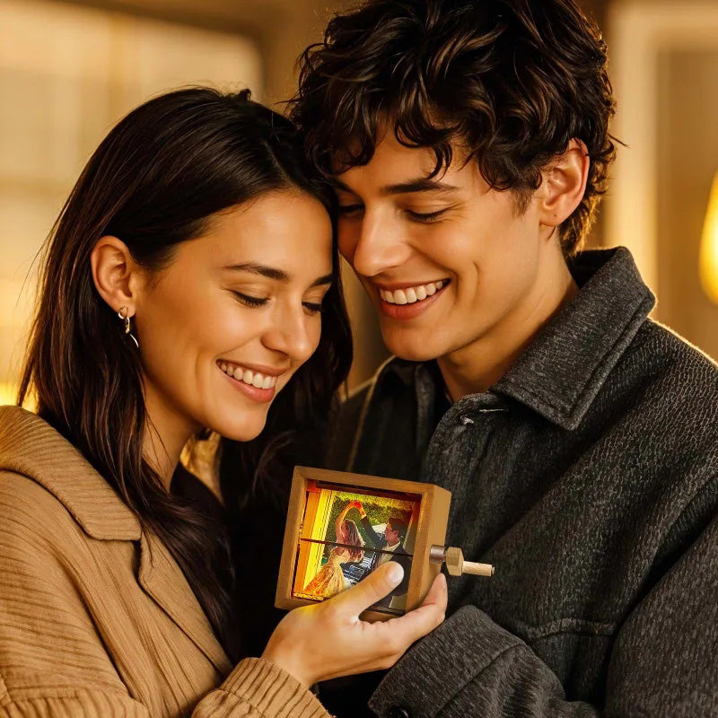 MadeMine personalized photo flipbook frame with hand-crank animation box and light, showcasing a custom photo display with moving images.