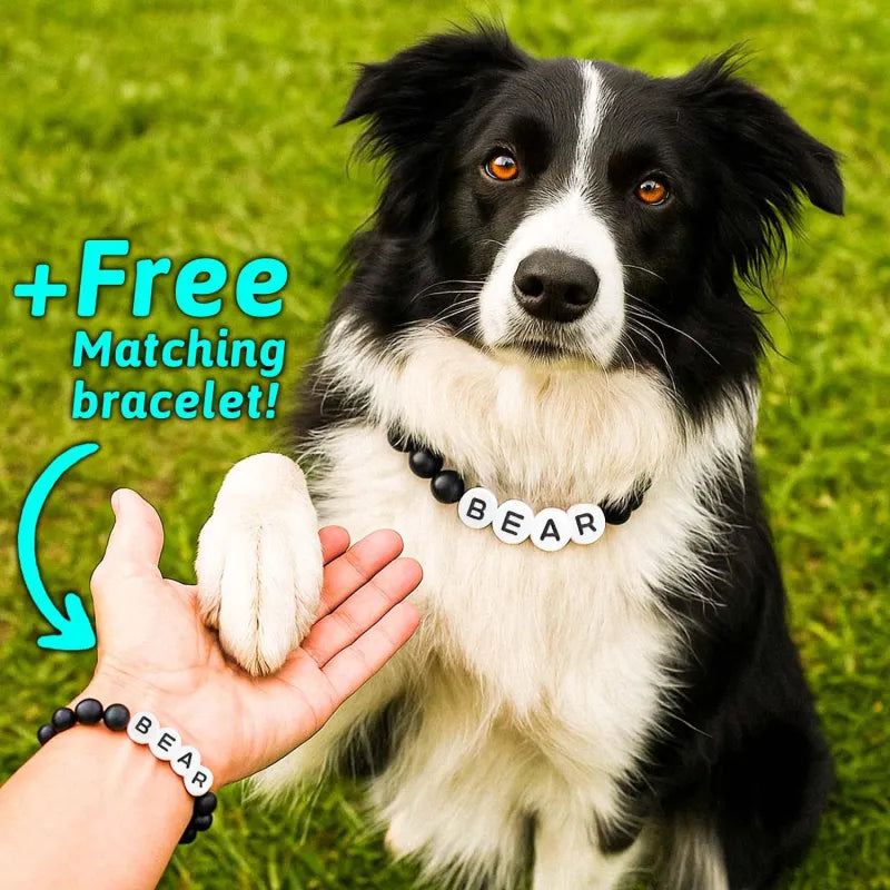 Personalized pet name necklace with matching bracelet by MadeMine, featuring custom engraved pet names on jewelry pieces.