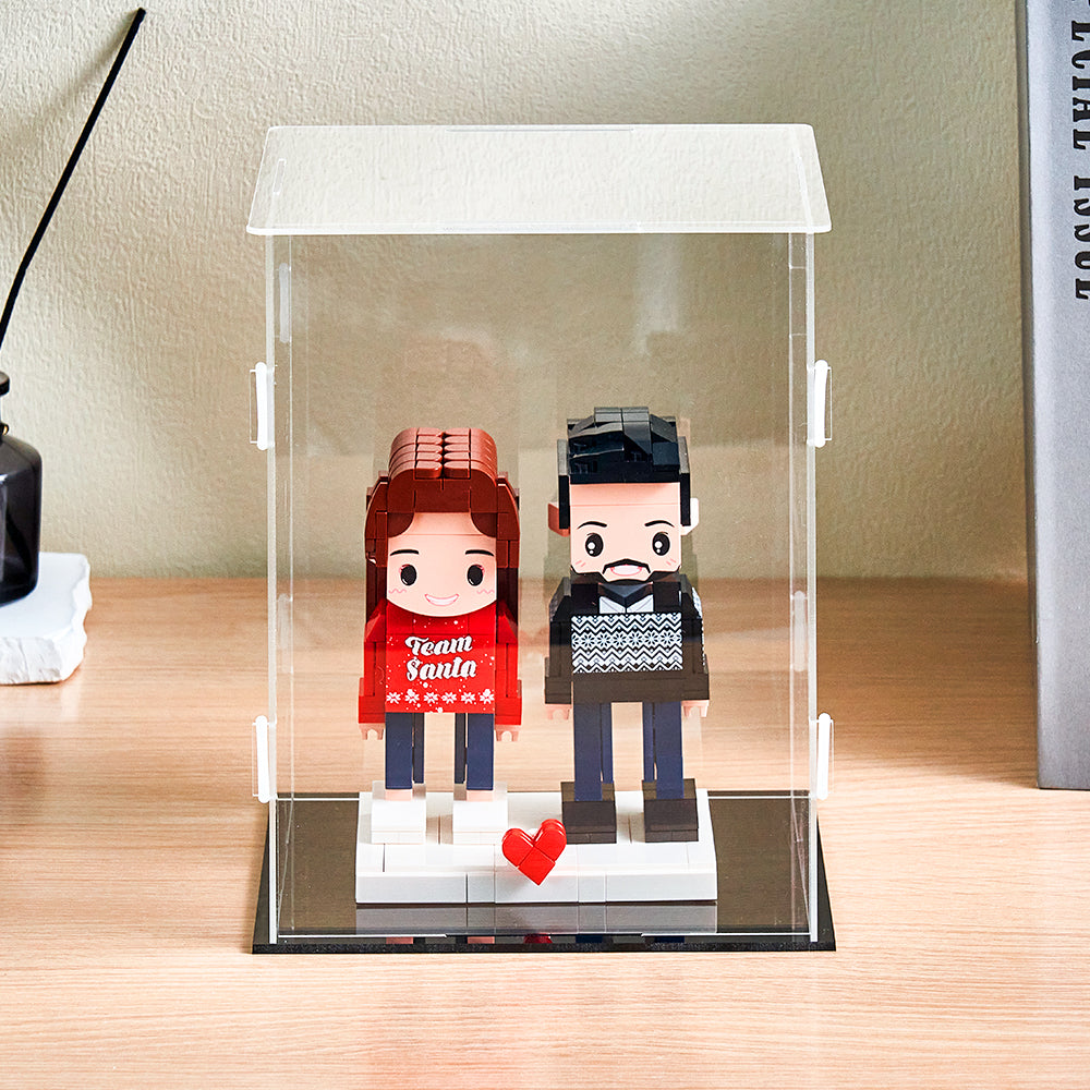 Acrylic display case for two brick figures by MadeMine, dustproof enclosure showcasing collectible brick figures.