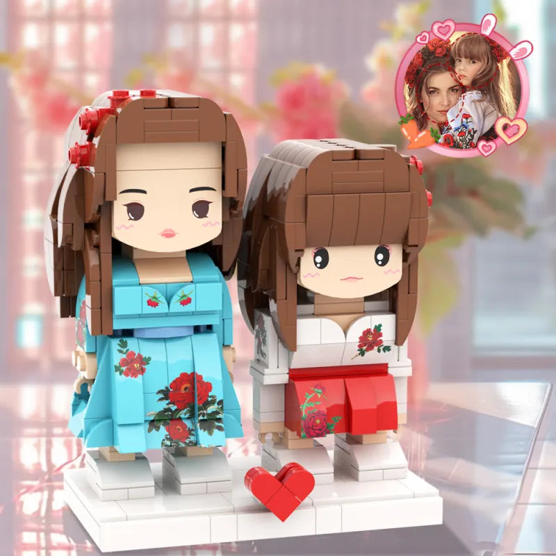 Mini Brick Custom moeder en dochter bloemmotief, gepersonaliseerd cadeau van MadeMine in bloemendesign.