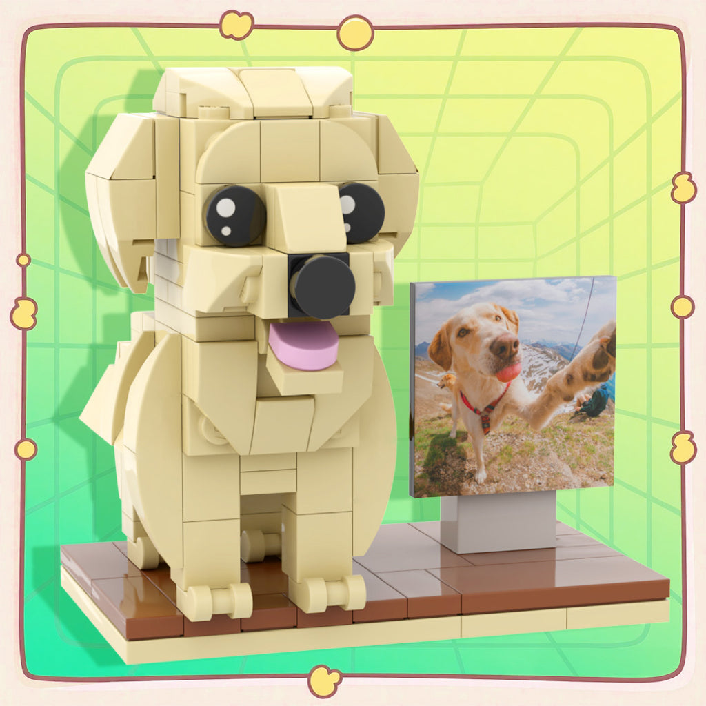 Custom full-body brick dog figure with frame by MadeMine, showcasing a playful dog constructed from colorful building bricks.