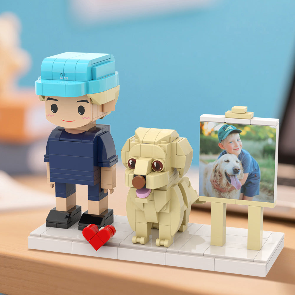 Op maat gemaakte Bricks figuren – 1 persoon en 1 hond – inclusief fotolijst.