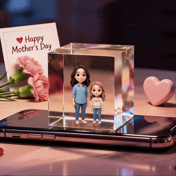 3D cartoon double-person hologram video gift featuring vibrant holographic material, ideal for Mother's Day from MadeMine.