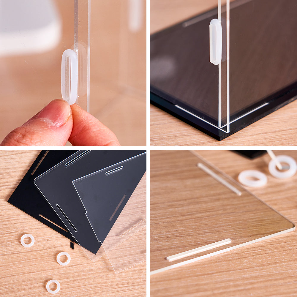 MadeMine acrylic display case for 2 brick figures, dustproof and transparent, showcasing collectible toy figures securely.