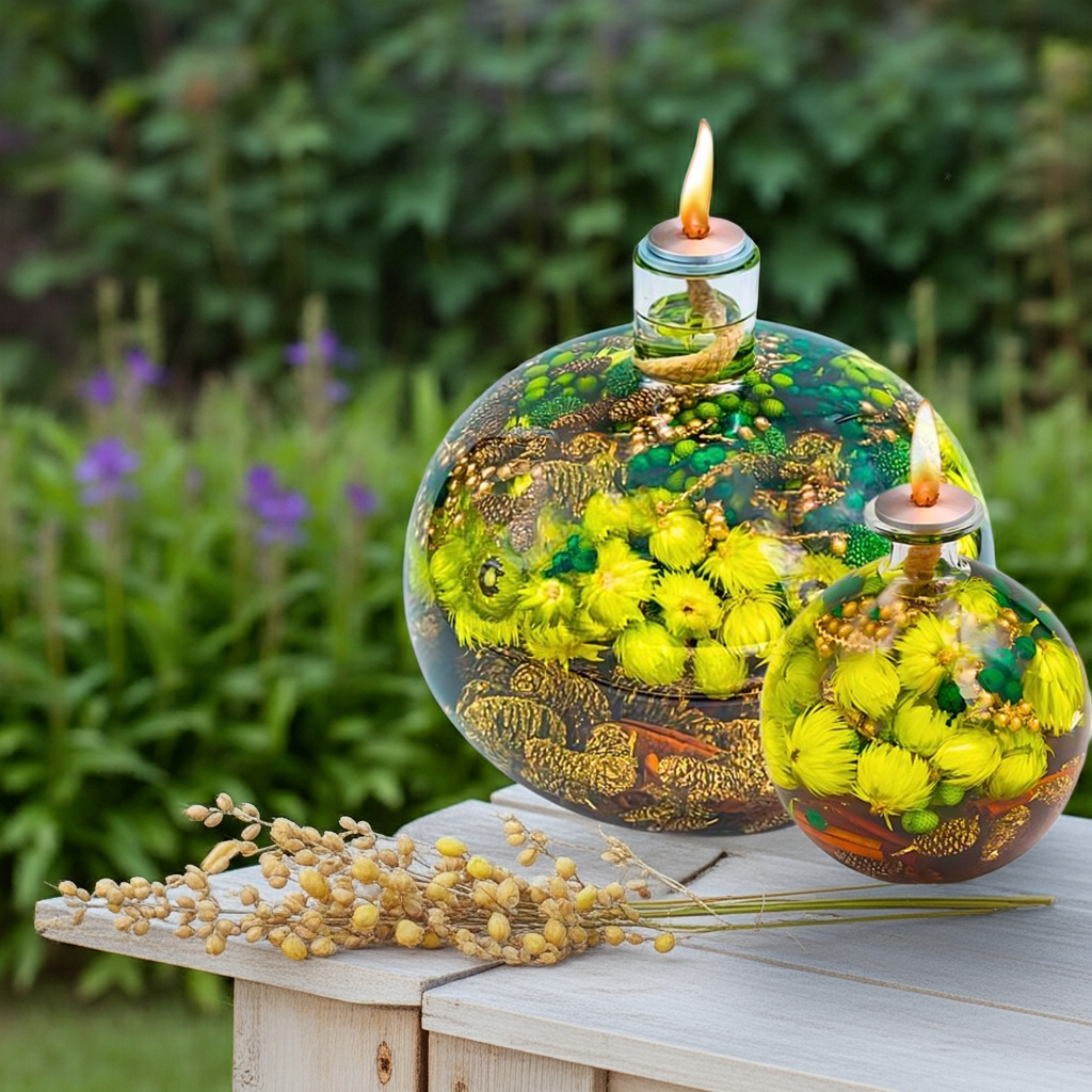 Handmade oil lamp from Mini Brick Custom featuring dried flowers, cozy home decor, scentless, with over 50 hours burn time.