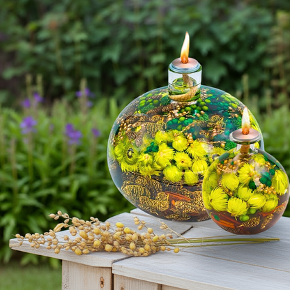 Handmade oil lamp from Mini Brick Custom featuring dried flowers, cozy home decor, scentless, with over 50 hours burn time.